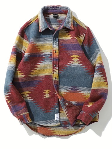 Vintage Ethnic Style Long-Sleeve Shirt - Loose Fit, Brushed, Thickened, Fall\u002FWinter Season, Women's Fashionable Jacket Shirt with Cozy Fabric and Relaxed Silhouette