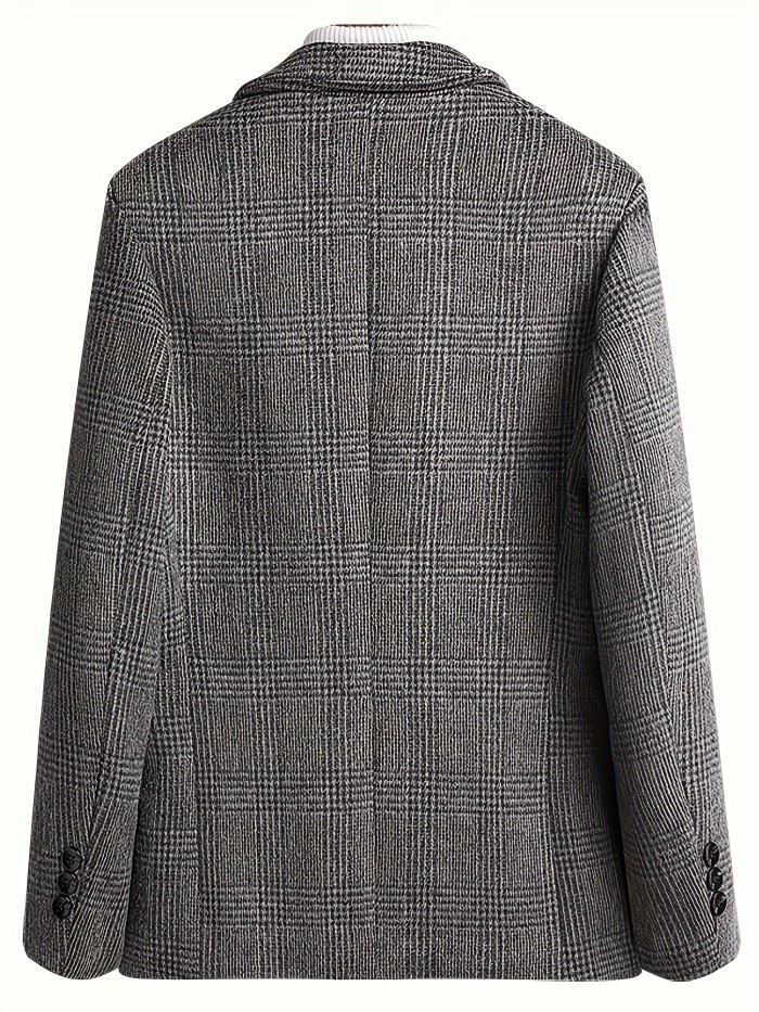 Men's Casual Plaid Blazer - Wool-Blend, Long Sleeve, Lapel Collar with Pockets for Fall\u002FWinter