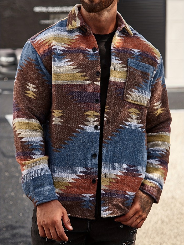 Stylish Tribal Geometry Shirt - Button-Down Shirts with Chest Pocket, Casual Lapel, Long Sleeve, Fall Winter Outdoor Wear, Perfect for Men's Casual Daily Life and Outdoor Activities