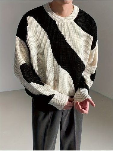 Mens Cable Knit Color Block Wave Sweater - Cozy & Fashionable Fall Winter Pullover - Comfortable Stretch Crew Neck for Versatile Style