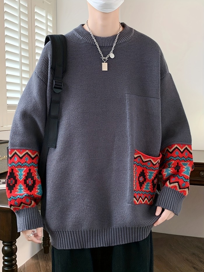Men's Geometric Print Crew Neck Sweater - Loose Fit, Long Sleeve, Casual Knitted Pullover for Fall and Winter, Graphic Print Design