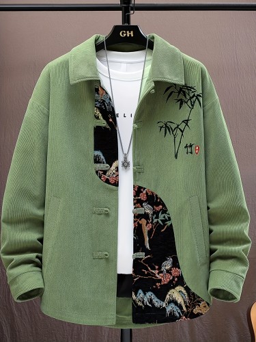 Men's Casual Fashion Button-Down Bamboo Print Jacket, Polyester, Spring\u002FAutumn, Long Sleeve Collared Coat, Chinese Style