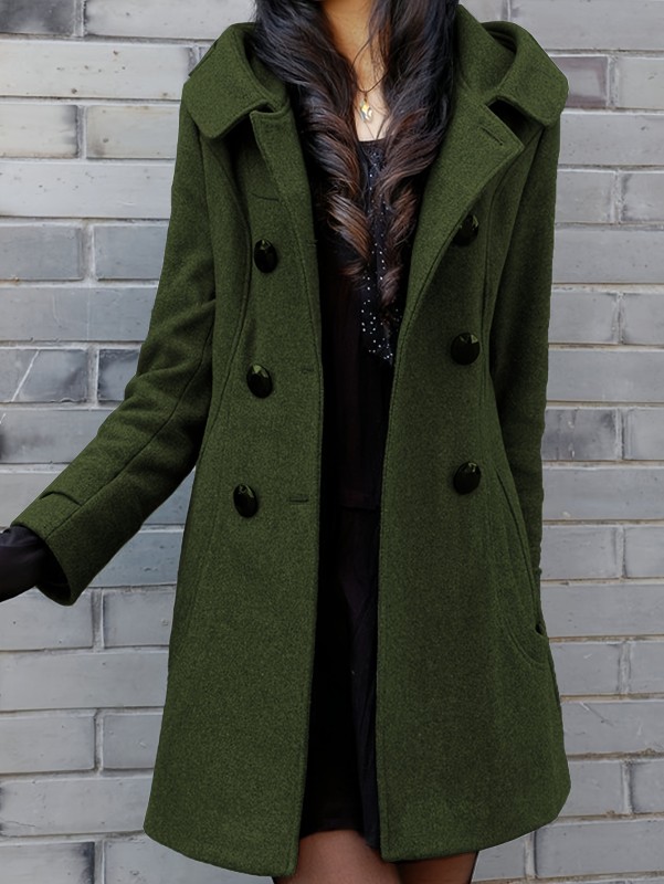 Womens Premium Wool Blend Double-Breasted Trench Coat Jacket with Hood - Luxurious, Insulated, Stylish & All-Weather Protection for Chilly Days