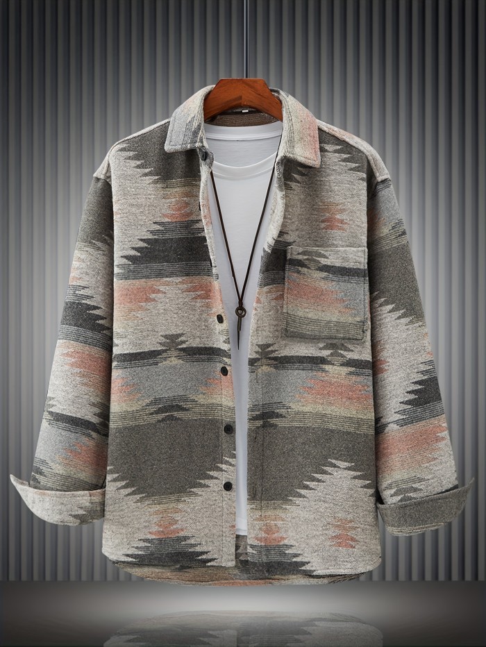 Stylish Tribal Geometry Shirt - Button-Down Shirts with Chest Pocket, Casual Lapel, Long Sleeve, Fall Winter Outdoor Wear, Perfect for Men's Casual Daily Life and Outdoor Activities