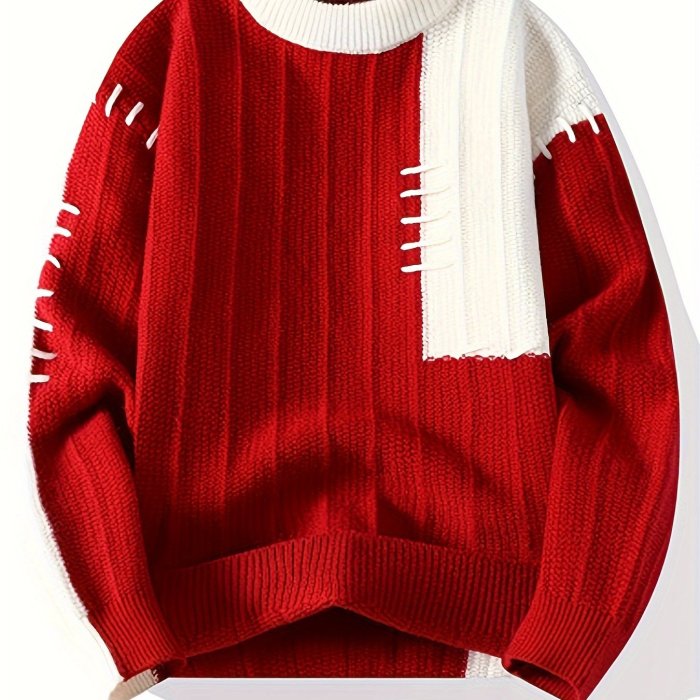 Men's Casual Geometric Knit Sweater, 24605, Nylon, Long Sleeve, Round Neck, Asymmetrical, Pullover, Regular Fit, All-Season Fashion Sweater