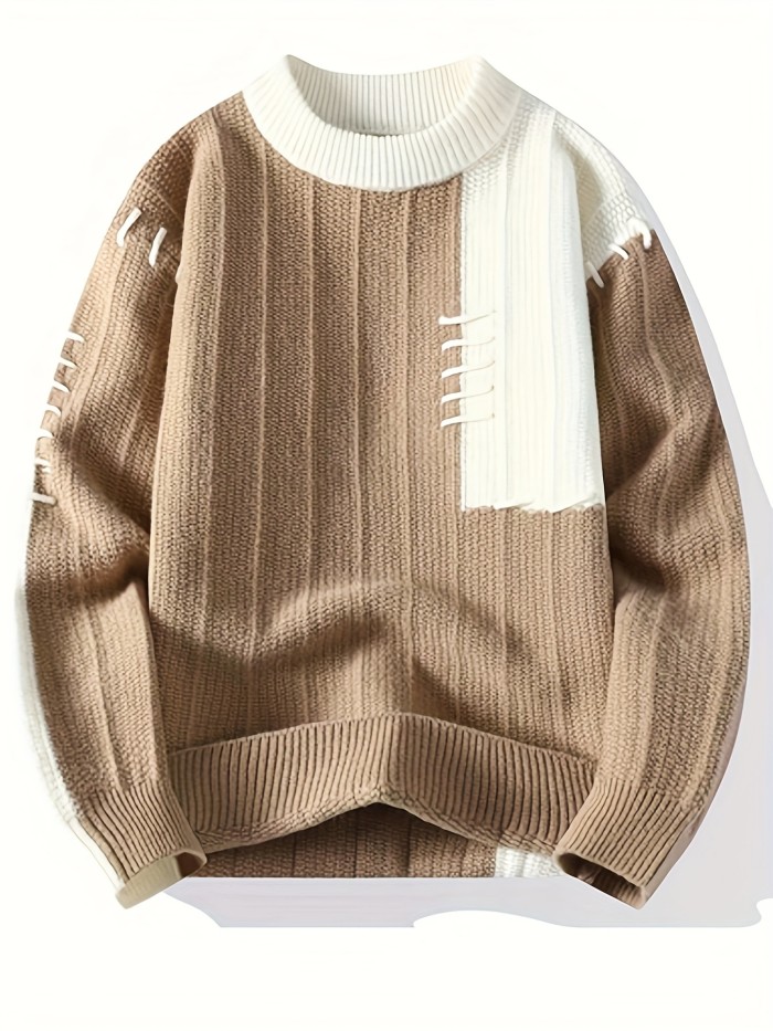 Men's Casual Geometric Knit Sweater, 24605, Nylon, Long Sleeve, Round Neck, Asymmetrical, Pullover, Regular Fit, All-Season Fashion Sweater