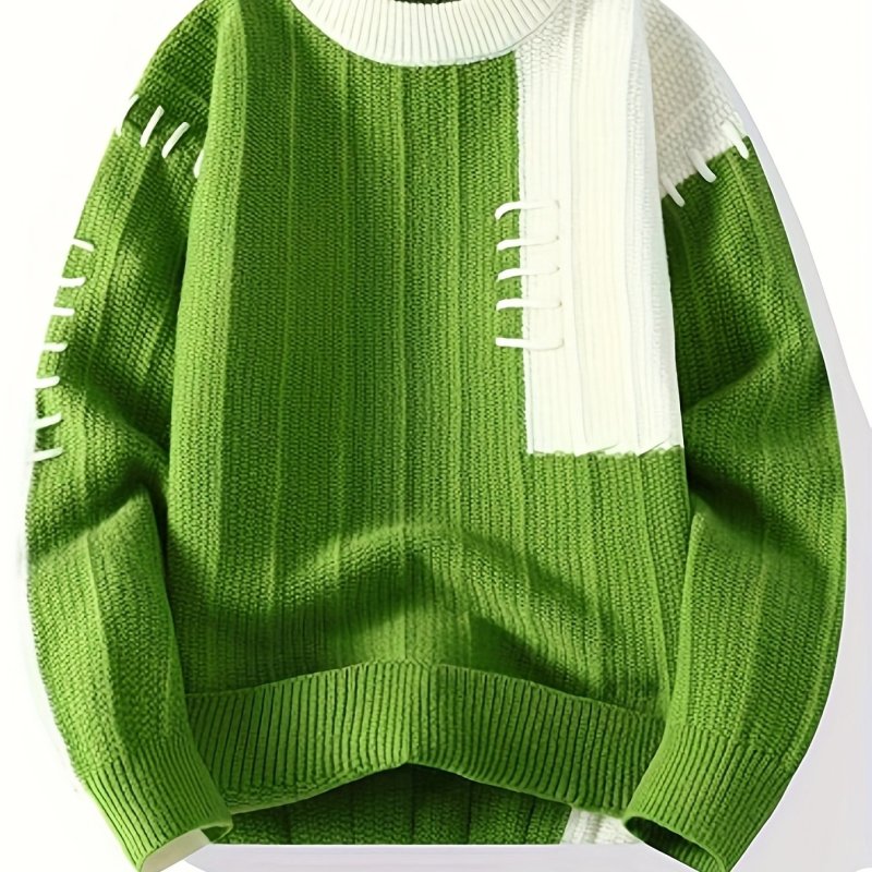Men's Casual Geometric Knit Sweater, 24605, Nylon, Long Sleeve, Round Neck, Asymmetrical, Pullover, Regular Fit, All-Season Fashion Sweater