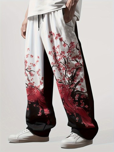 3D Flower Pattern Loose Fit Elastic Waist Drawstring Casual Pants - Men's Comfortable Pants for Outdoor Activities - Breathable, Soft, and Stylish