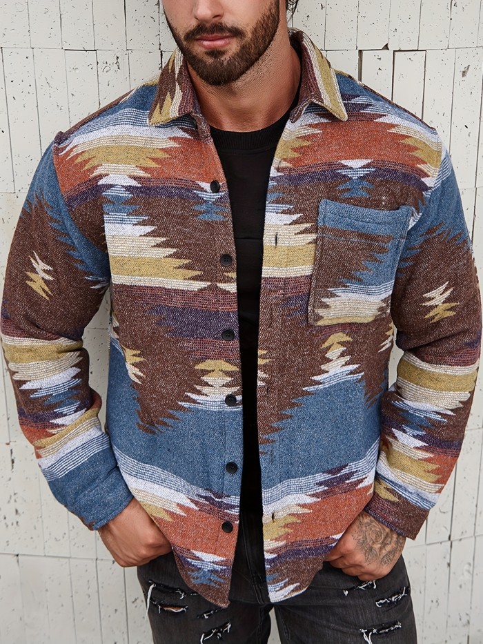 Stylish Tribal Geometry Shirt - Button-Down Shirts with Chest Pocket, Casual Lapel, Long Sleeve, Fall Winter Outdoor Wear, Perfect for Men's Casual Daily Life and Outdoor Activities