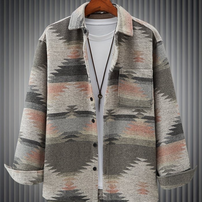 Stylish Tribal Geometry Shirt - Button-Down Shirts with Chest Pocket, Casual Lapel, Long Sleeve, Fall Winter Outdoor Wear, Perfect for Men's Casual Daily Life and Outdoor Activities