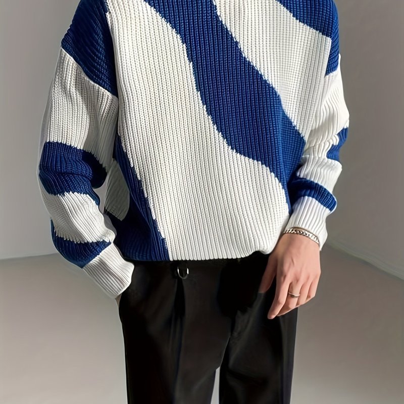Mens Cable Knit Color Block Wave Sweater - Cozy & Fashionable Fall Winter Pullover - Comfortable Stretch Crew Neck for Versatile Style