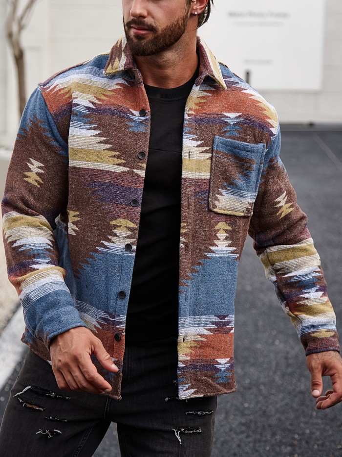 Stylish Tribal Geometry Shirt - Button-Down Shirts with Chest Pocket, Casual Lapel, Long Sleeve, Fall Winter Outdoor Wear, Perfect for Men's Casual Daily Life and Outdoor Activities