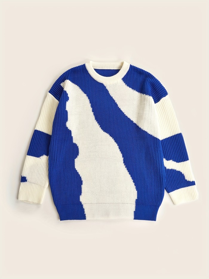 Mens Cable Knit Color Block Wave Sweater - Cozy & Fashionable Fall Winter Pullover - Comfortable Stretch Crew Neck for Versatile Style