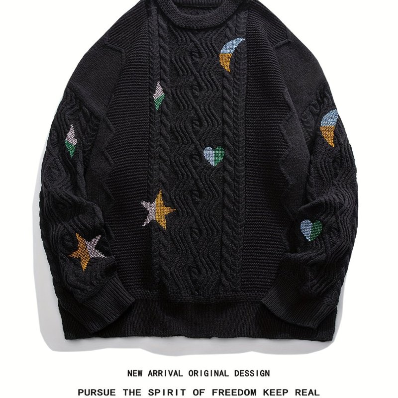 Cozy Starry Night Men's Knitted Pullover - Casual Long Sleeve Crew Neck Sweater for Fall Winter with Moon and Star Embroidery Graphic Print - Soft, Breathable, and Warm
