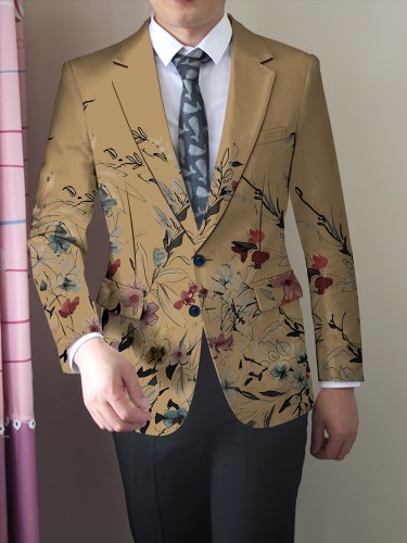 Men's Chinese Style Flowers Print Blazer Jacket, Regular Fit, Button Closure, Suit Lapel, All-Season Wear