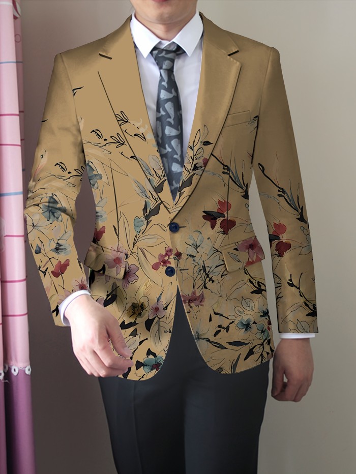 Men's Chinese Style Flowers Print Blazer Jacket, Regular Fit, Button Closure, Suit Lapel, All-Season Wear