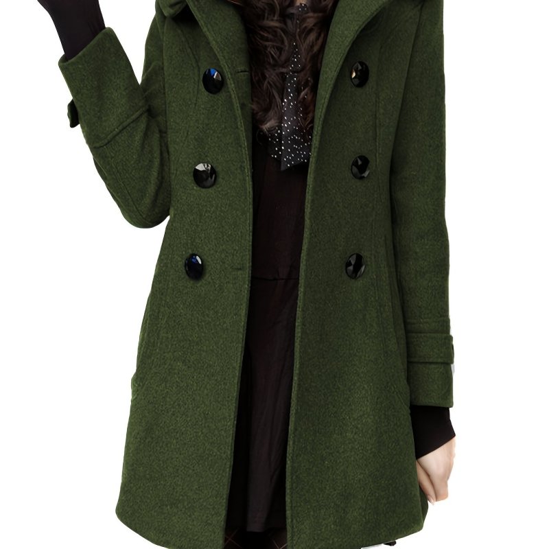 Womens Premium Wool Blend Double-Breasted Trench Coat Jacket with Hood - Luxurious, Insulated, Stylish & All-Weather Protection for Chilly Days