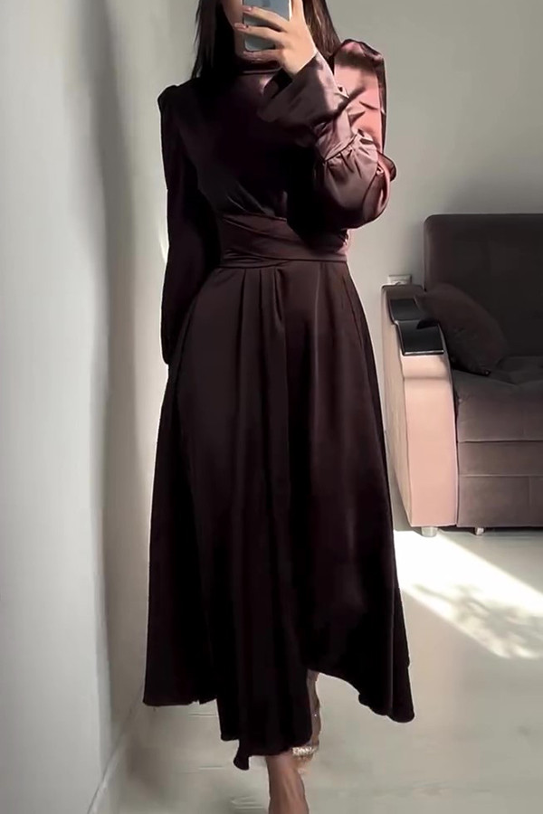 Solid Color Ruffled Long Sleeves Pleated Maxi Dresses main image 1