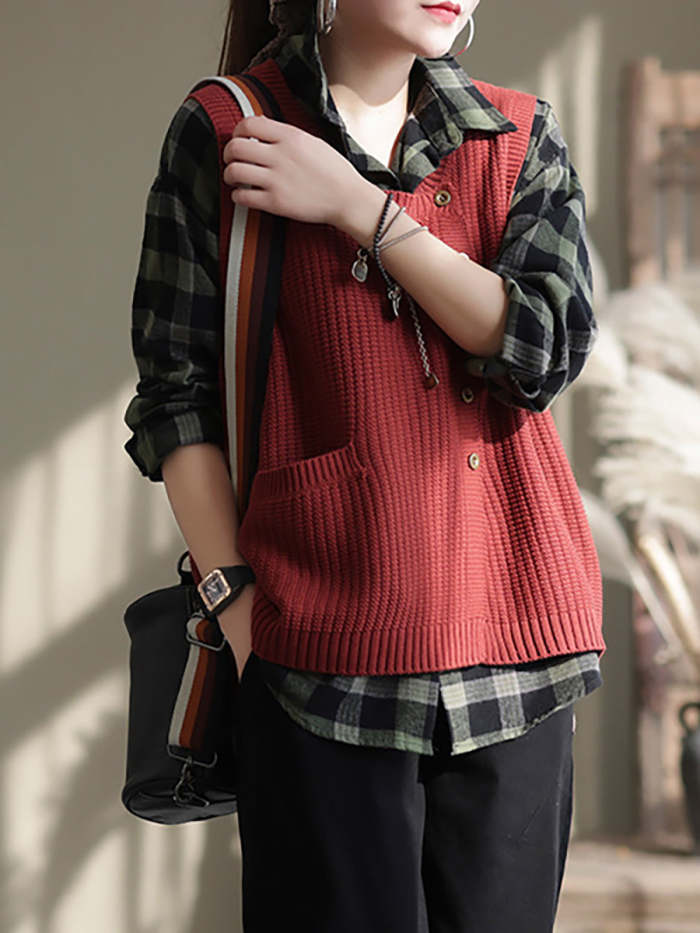 Plus Size Women Spring Knitted Button Sleeveless Vest Waistcoat Sweater