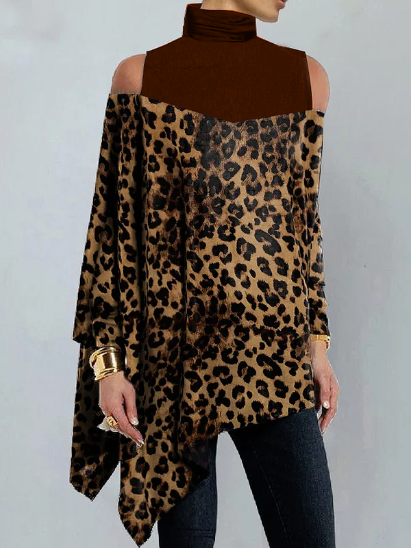 Long Sleeves Loose Asymmetric Leopard Split-Joint Cold Shoulder T-Shirts Tops