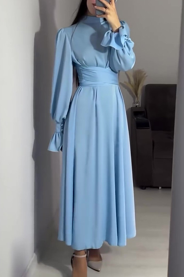 Solid Color Ruffled Long Sleeves Pleated Maxi Dresses main image 0