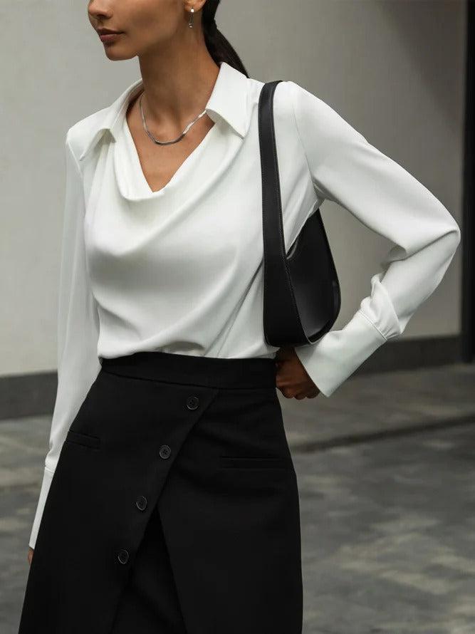 Cowl Neck Fold-Over Collar Blouse Top