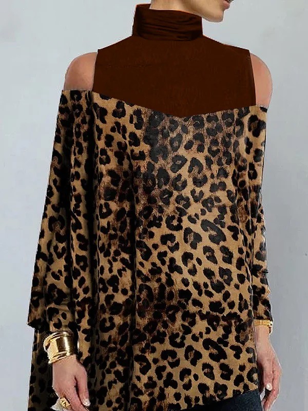 Long Sleeves Loose Asymmetric Leopard Split-Joint Cold Shoulder T-Shirts Tops