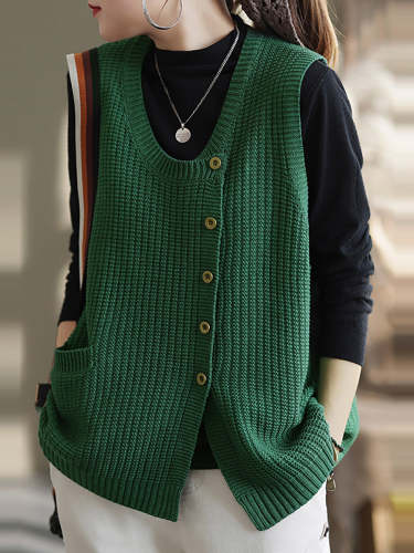 Plus Size Women Spring Knitted Button Sleeveless Vest Waistcoat Sweater