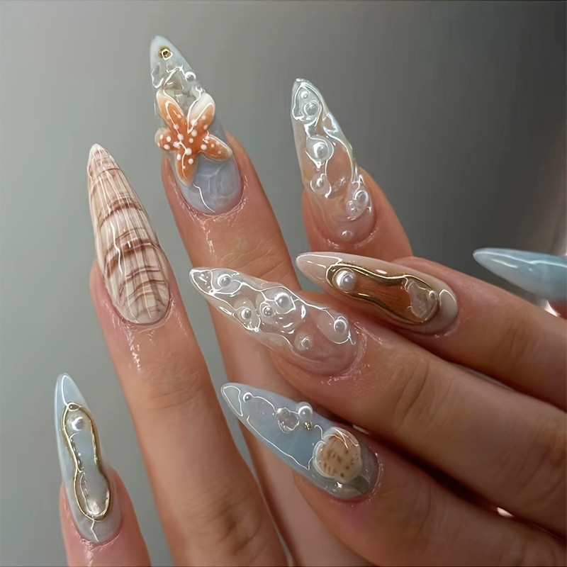24pcs Luxury Almond Shaped Press-On Nails Set, Mixed Color Palette, Star Pattern, Pearl & Rhinestone Accents, Removable Long False Nails with Beach Shell Design