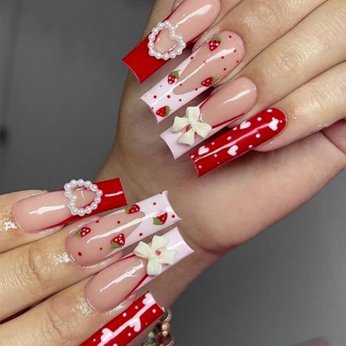 24pcs Glossy Long Square Fake Nails, White French Tip Press On Nails With Butterfly Rhinestone Design, Minimalist Style Full Cover False Nails For Women Girls