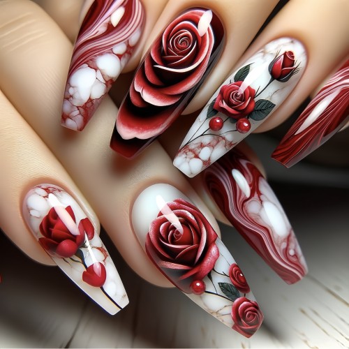 24pcs Glossy Red Floral Press-On Nails - Long Ballerina Full Cover Acrylic Fake Nails, Durable & Easy to Apply for Women and Girls