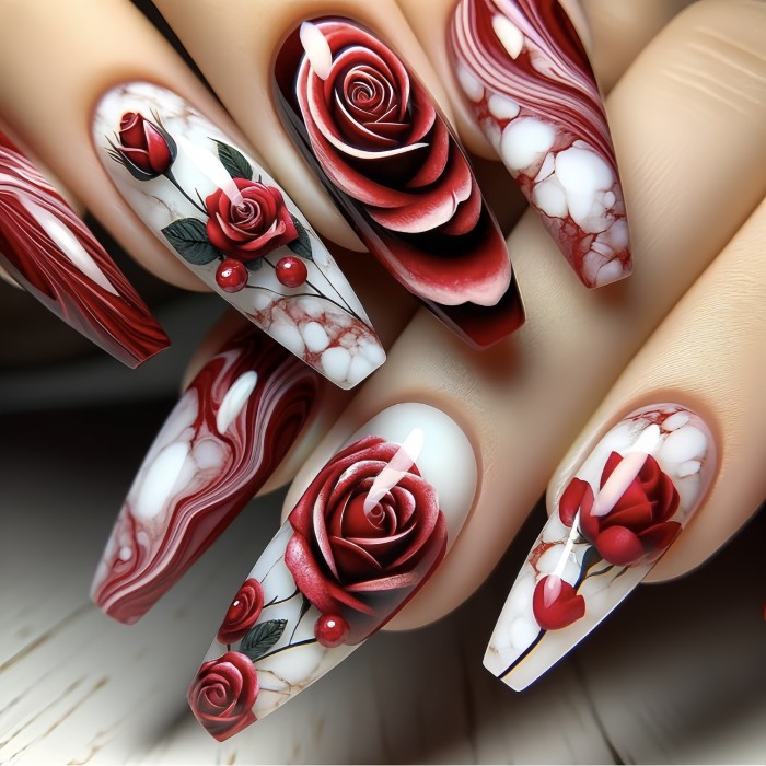 24pcs Glossy Red Floral Press-On Nails - Long Ballerina Full Cover Acrylic Fake Nails, Durable & Easy to Apply for Women and Girls