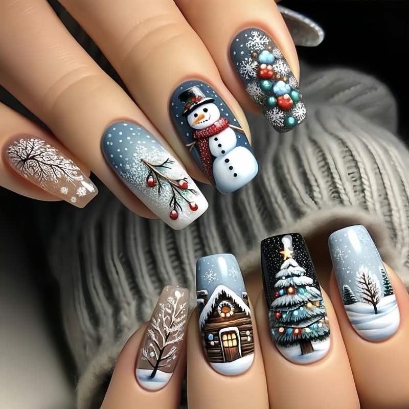 24pcs Christmas Nail Art Stickers, Long Ballet Nails with Snowman, Christmas Tree, Snow House, Winter Snowflakes, Removable Press-On Nails, Shiny Finish, Blue Tone, Holiday Themed Nail Art Set