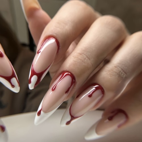 White French Tip Press On Nails Halloween Fake Nails Long Coffin Nails Full Cover Nail Tips Square False Nails With Glue Glossy Red Drip Blood Press On Nails Nude Pink Stick On Nails For Women Girls
