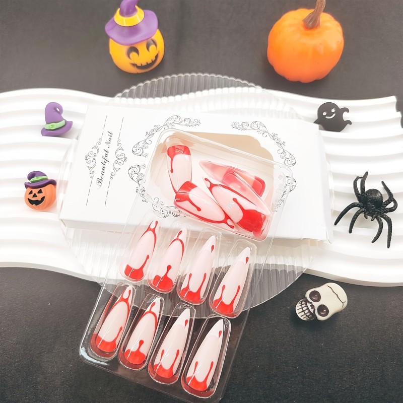 White French Tip Press On Nails Halloween Fake Nails Long Coffin Nails Full Cover Nail Tips Square False Nails With Glue Glossy Red Drip Blood Press On Nails Nude Pink Stick On Nails For Women Girls
