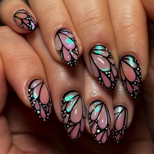 24pcs 3D Butterfly Press-On Nails, Black Gradient Iridescent, Sweet & Cool Full Cover Fake Nails, Almond Shape, Short Length, Animal Print, Pearl Finish, Beauty & Personal Care, Foot & Hand Nail Care, Nail Art, Nail Tips