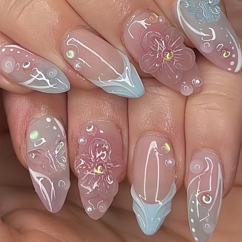 24pcs French Almond Press-On Nails Set, Blue & Pink Gradient 3D Stripes & Floral Butterfly Design, Removable Fake Nails with 1 Gel & Nail File, Glossy Finish for Women and Girls
