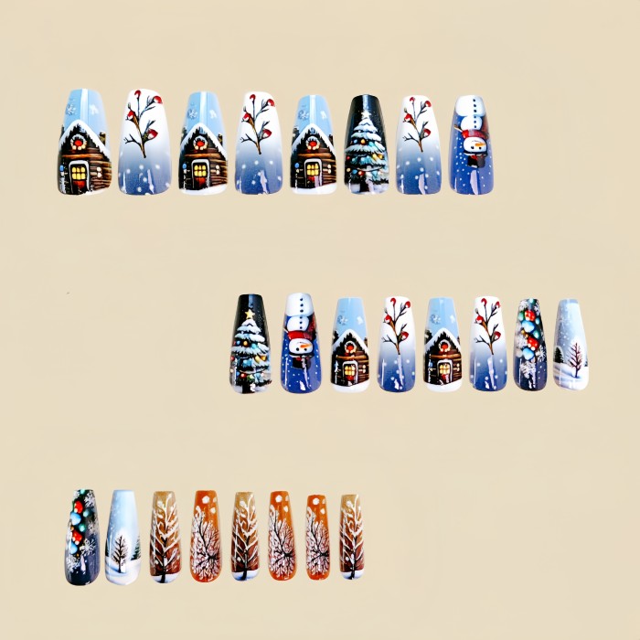 24pcs Christmas Nail Art Stickers, Long Ballet Nails with Snowman, Christmas Tree, Snow House, Winter Snowflakes, Removable Press-On Nails, Shiny Finish, Blue Tone, Holiday Themed Nail Art Set