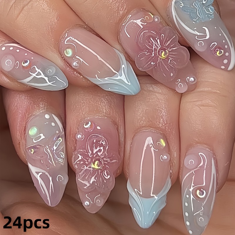 24pcs French Almond Press-On Nails Set, Blue & Pink Gradient 3D Stripes & Floral Butterfly Design, Removable Fake Nails with 1 Gel & Nail File, Glossy Finish for Women and Girls