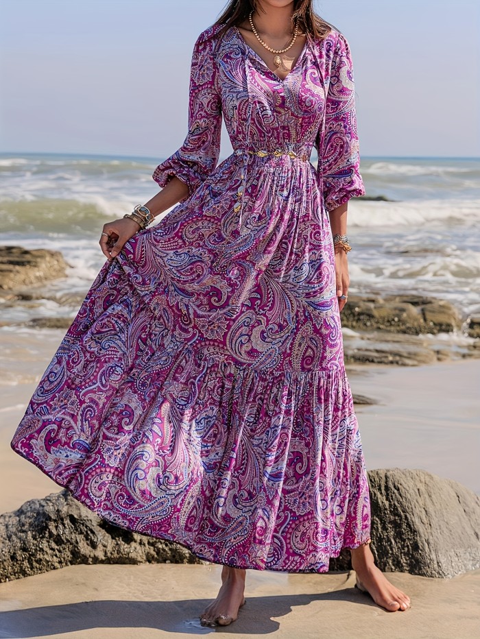 Vibrant Paisley Print Tie Neck A-line Maxi Dress - Elegant Lantern Sleeves, Flowy Silhouette, Vacation-Ready, Women's Clothing for Summer Getaways