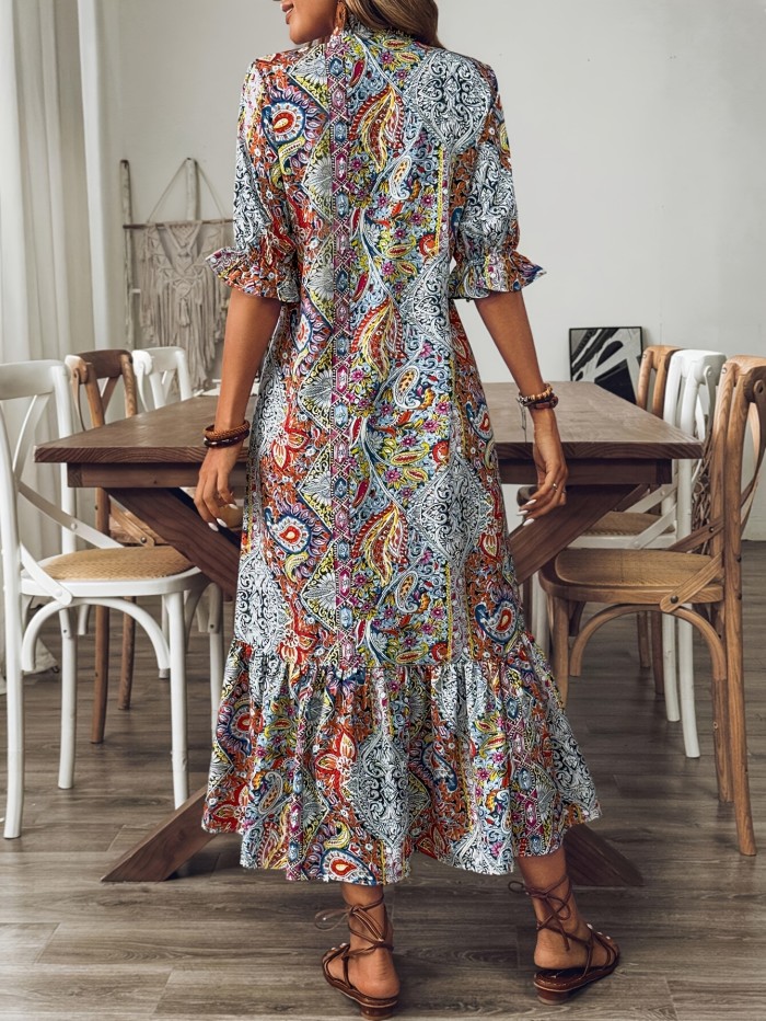 Elegant Boho Paisley Print Midi Dress for Women - V-Neck, Half Sleeve, Non-Stretch Polyester, Machine Washable - Perfect for Spring & Fall