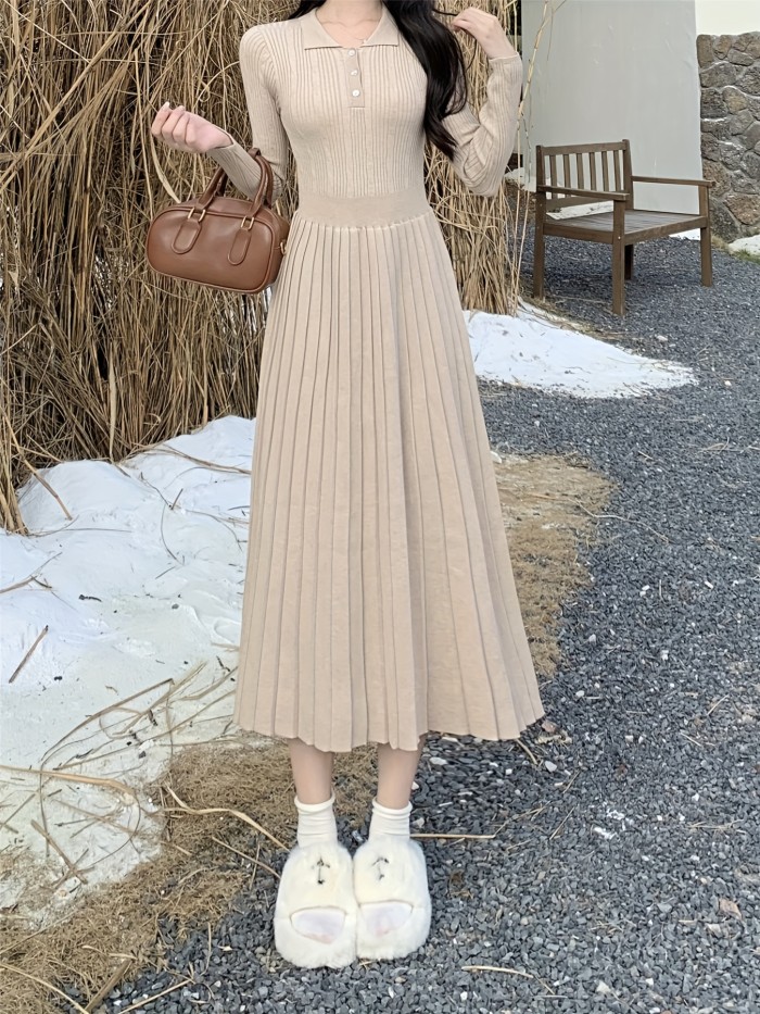 Women's Casual Cable Knit Pleated Sweater Dress - Wool Blend Long Sleeve Midi Dress with Button Detail and Flared Hem - Fall\u002FWinter Collection