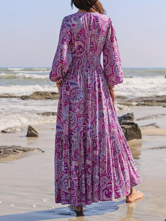 Vibrant Paisley Print Tie Neck A-line Maxi Dress - Elegant Lantern Sleeves, Flowy Silhouette, Vacation-Ready, Women's Clothing for Summer Getaways
