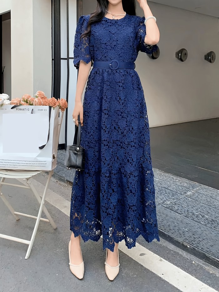 Vintage Chiffon Lace Dress with V-Neck, A-Line Long Skirt, Solid Color, Woven, Belted, Adult Fashion for All Seasons