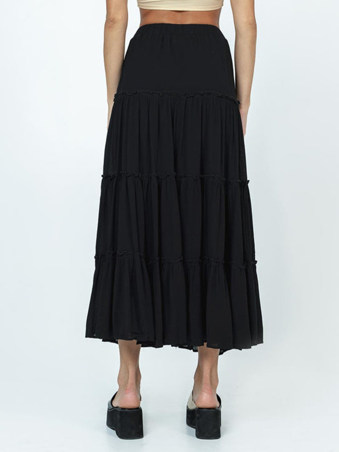 Women Y2k Boho Maxi Skirt Cute Ruffle Hem Long Skirt Elegant Solid Color Elastic Waist Skirt Spring Summer Big Swing Loose Casual Skirt Streetwear