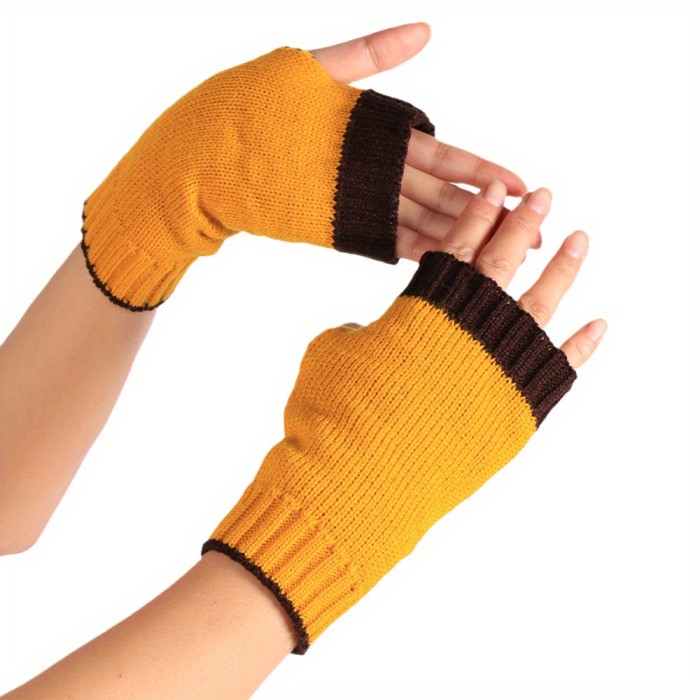 Stylish Color Block Knit Gloves Elegant Elastic Fingerless Gloves Autumn Winter Soft Warm Writing Gloves