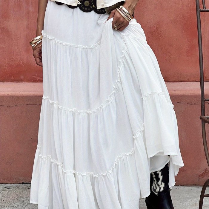 Women Y2k Boho Maxi Skirt Cute Ruffle Hem Long Skirt Elegant Solid Color Elastic Waist Skirt Spring Summer Big Swing Loose Casual Skirt Streetwear