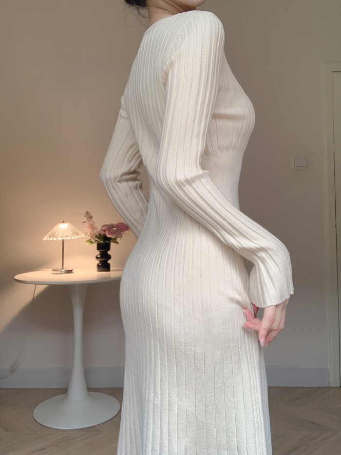 Fall\u002FWinter Asian Style Sweater Dress - Crew Neck Button Detail Knit Long Dress with Solid Color, Regular Sleeve, and Trapeze Hem - Polyester, Polyamide, Viscose Blend