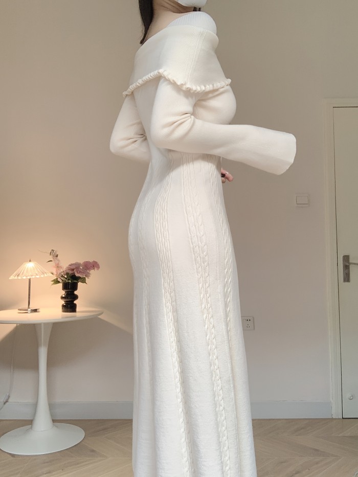 Women's Knit Dress with 3D Floral Off-Shoulder Detail, Long Sleeve, Solid Color, Regular Fit, A-Line, No Belt, Long Length, Sleeveless, Winter Fashion, Sweater Knit Fabric