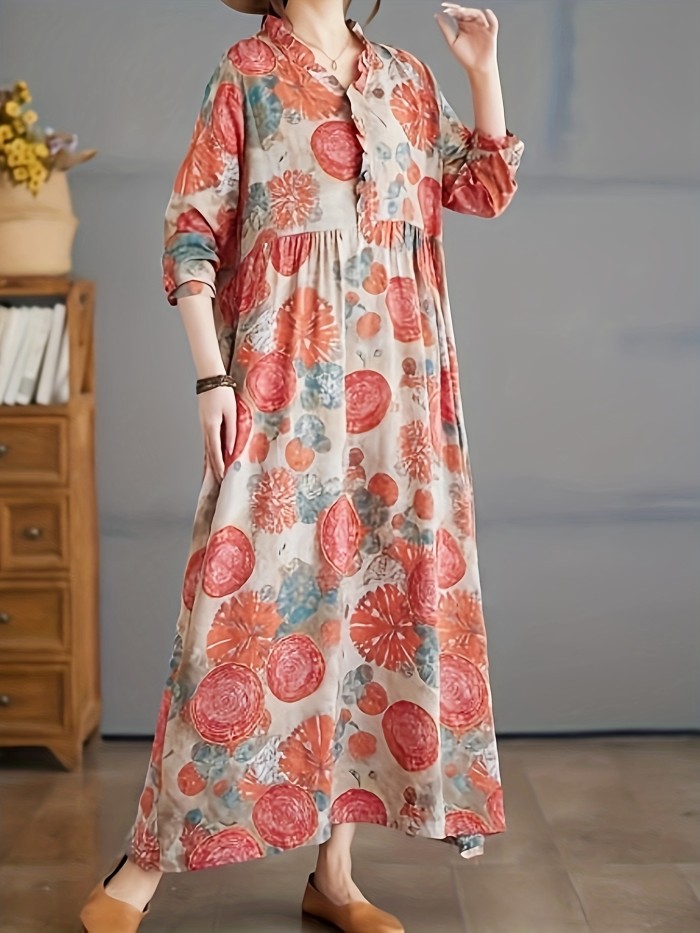 Bohemian Style Linen Maxi Dress - 100% Woven Linen V-Neck Boho Dress with Long Sleeves and Floral Print for All Seasons - Casual Loose-Fit Adult Home Dress